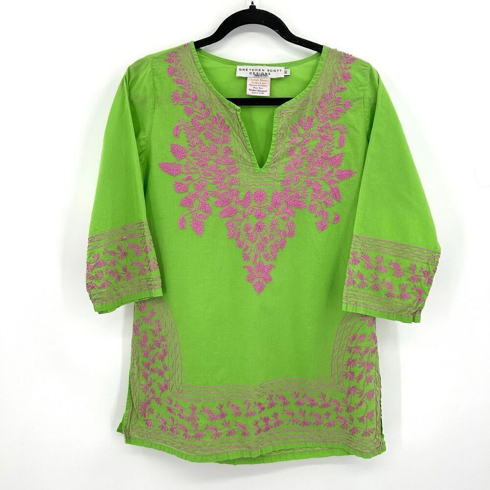 GRETCHEN SCOTT Neon Green Pink Embroidered 100% Cotton Lightweight Tunic Top XS